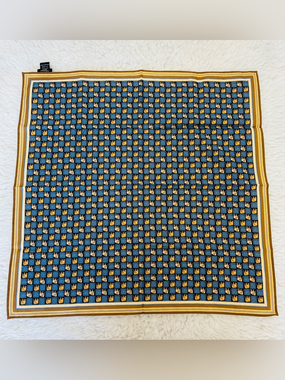 Jim Thompson Elephants all over Blue/Brown Cotton Handkerchief/Bandana:Scarf 18”